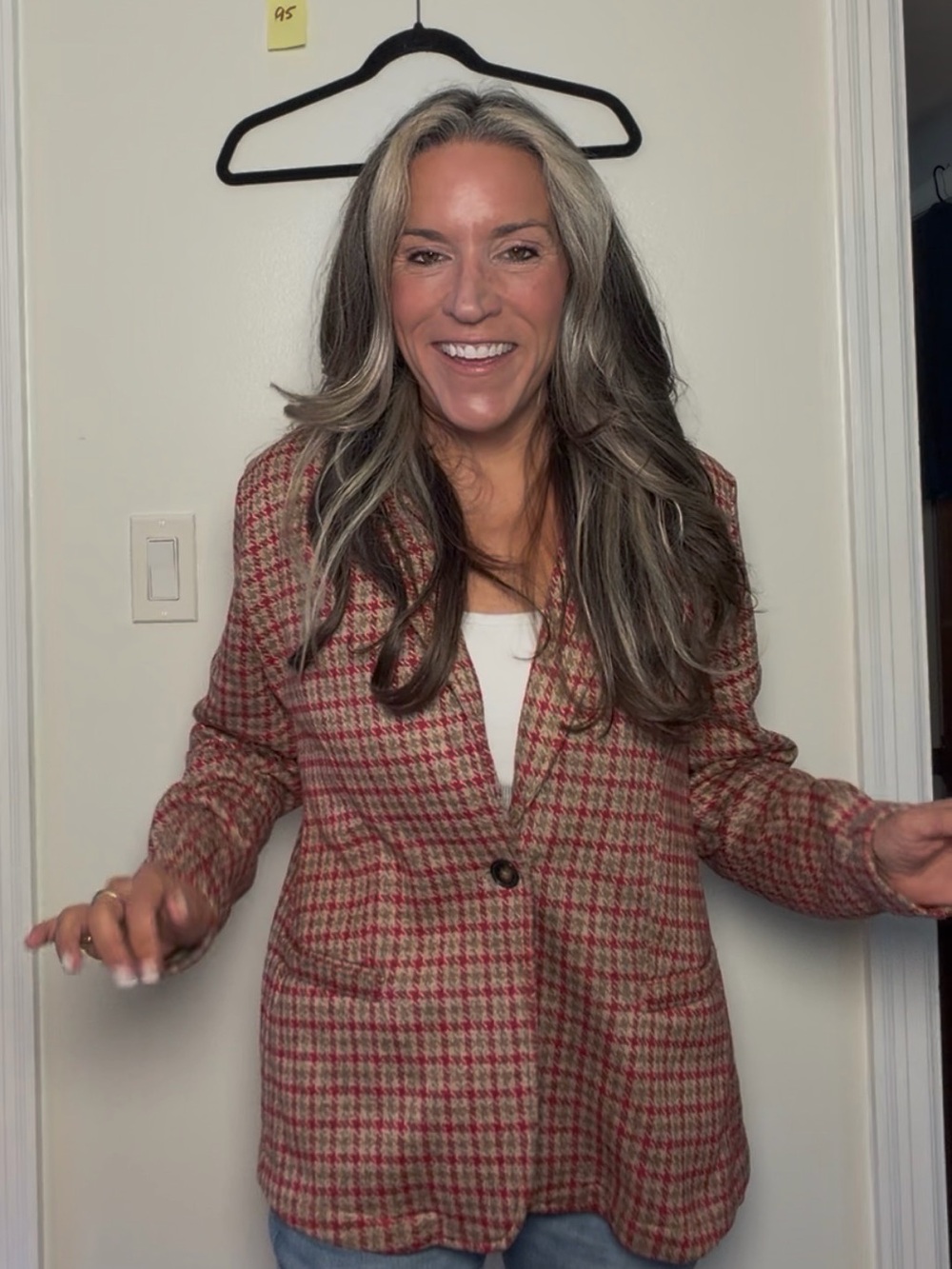Lands' End Red and Tan Houndstooth Single-Button Blazer